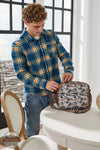 Simply Southern PP-0225-MN-SHKT-BRSH-PLDBLUE Plaid Blue Brushed Fleece Shacket on model