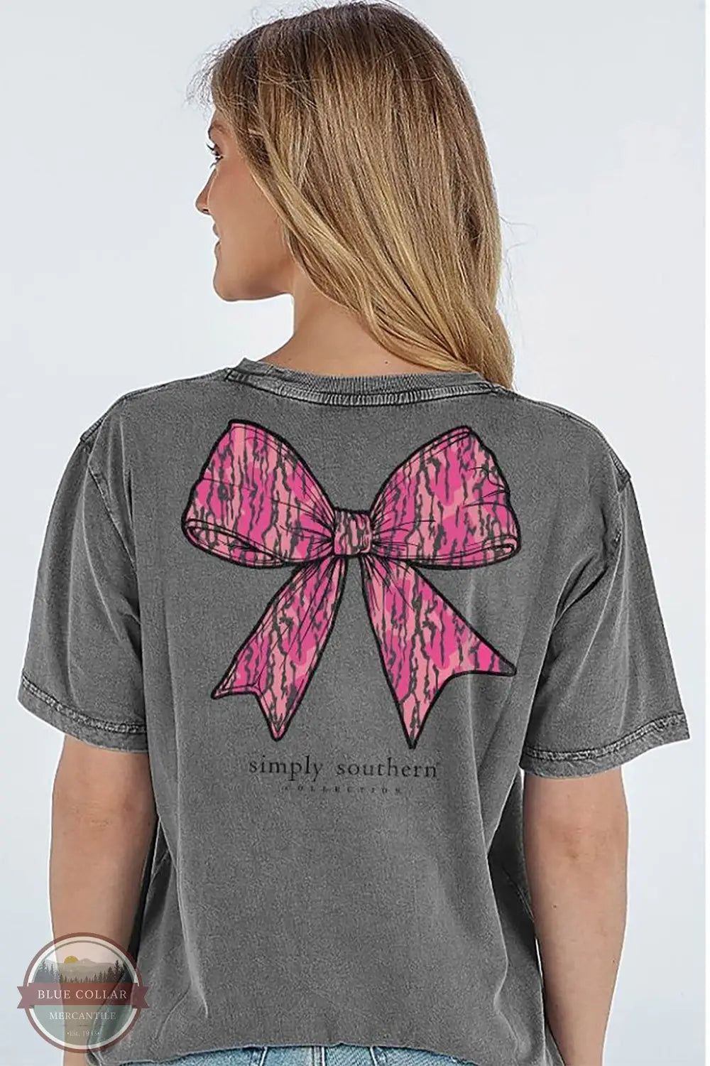 Simply Southern SS-CAMOBOW-WSHCOAL Camo Bow Short Sleeve T-Shirt in Charcoal, rear