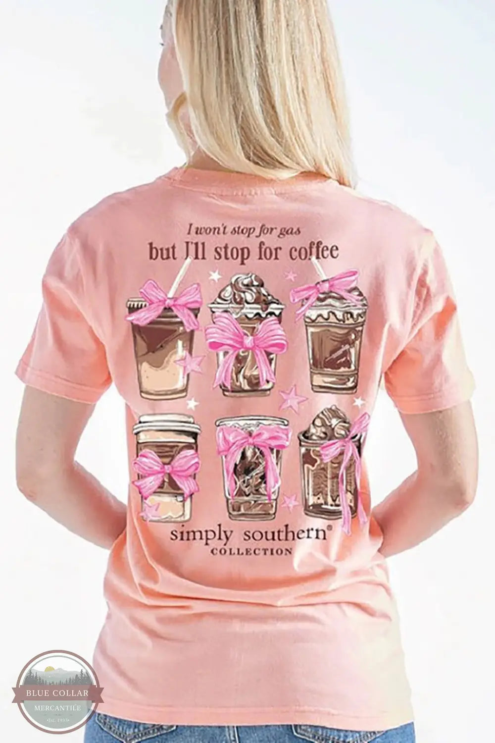 Simply Southern SS-COFFEE-PEACH Stop For Coffee Short Sleeve T-Shirt in Peach, rear design