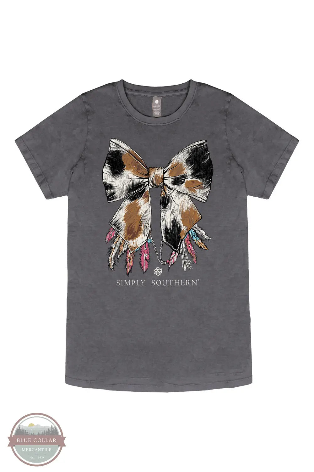 Simply Southern T-Shirt SS-COWBOW-WSHCOAL Cow Print Bow Short Sleeve in Gray, front