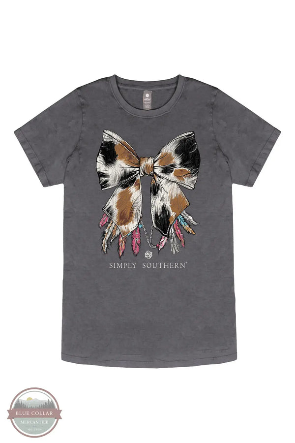 Simply Southern T-Shirt SS-COWBOW-WSHCOAL Cow Print Bow Short Sleeve in Gray, front