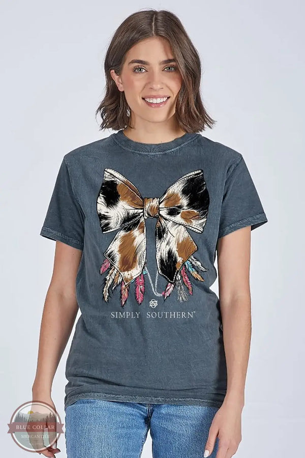 Simply Southern T-Shirt SS-COWBOW-WSHCOAL Cow Print Bow Short Sleeve in Gray, model front
