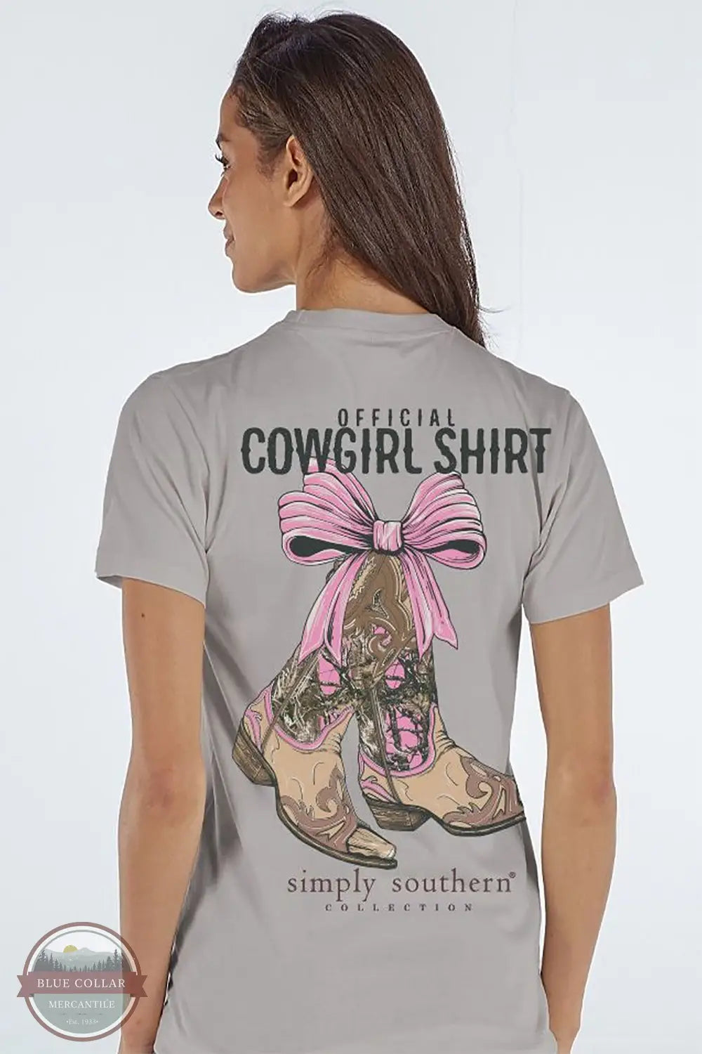Simply Southern SS-COWGIRLBOOT-FOG Camo Cowgirl Boot with Bow Short Sleeve T-Shirt in Gray, rear