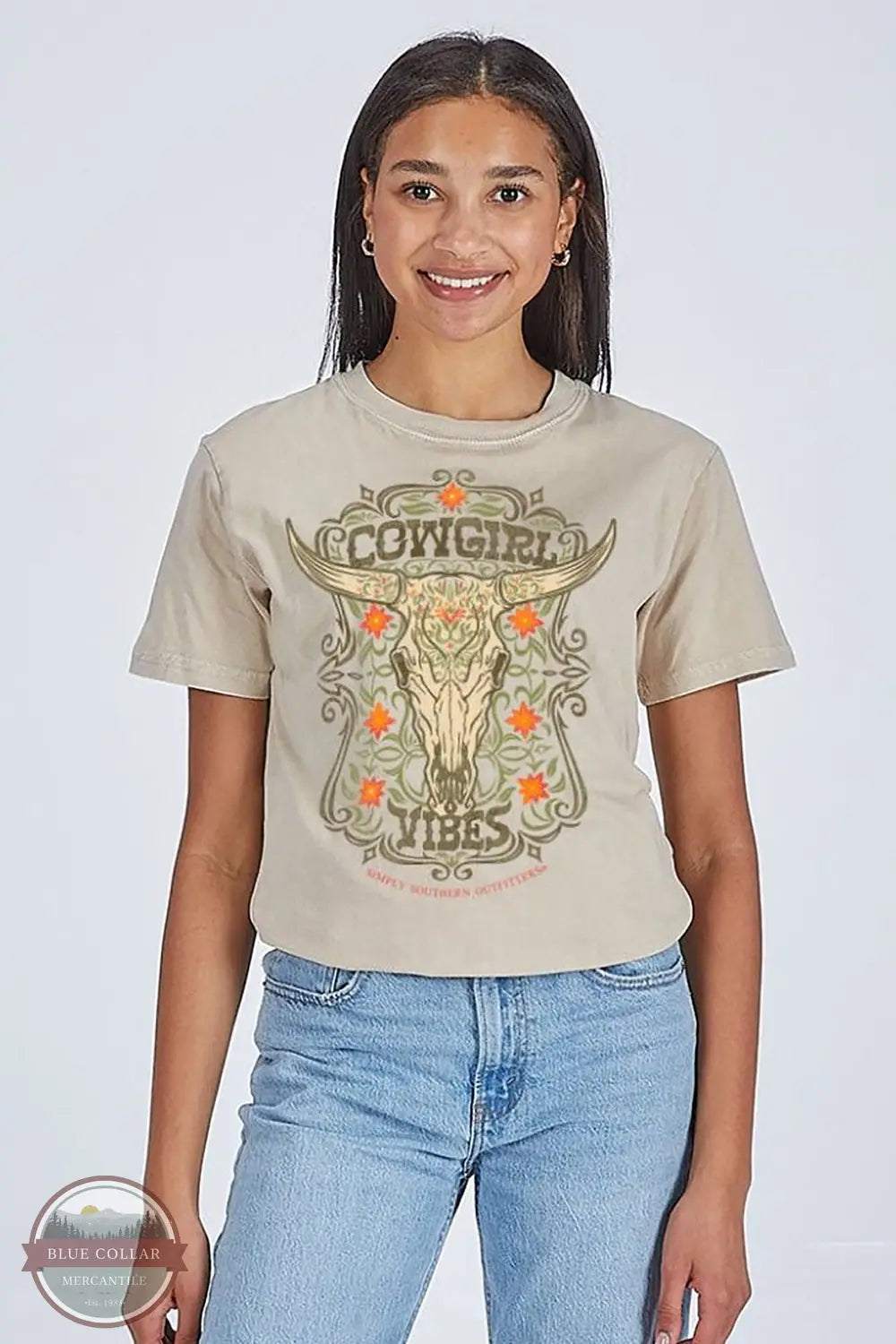 Simply Southern SS-COWGIRLVIBES-WSHECRU Cowgirl Vibes Short Sleeve T-Shirt in Tan, model