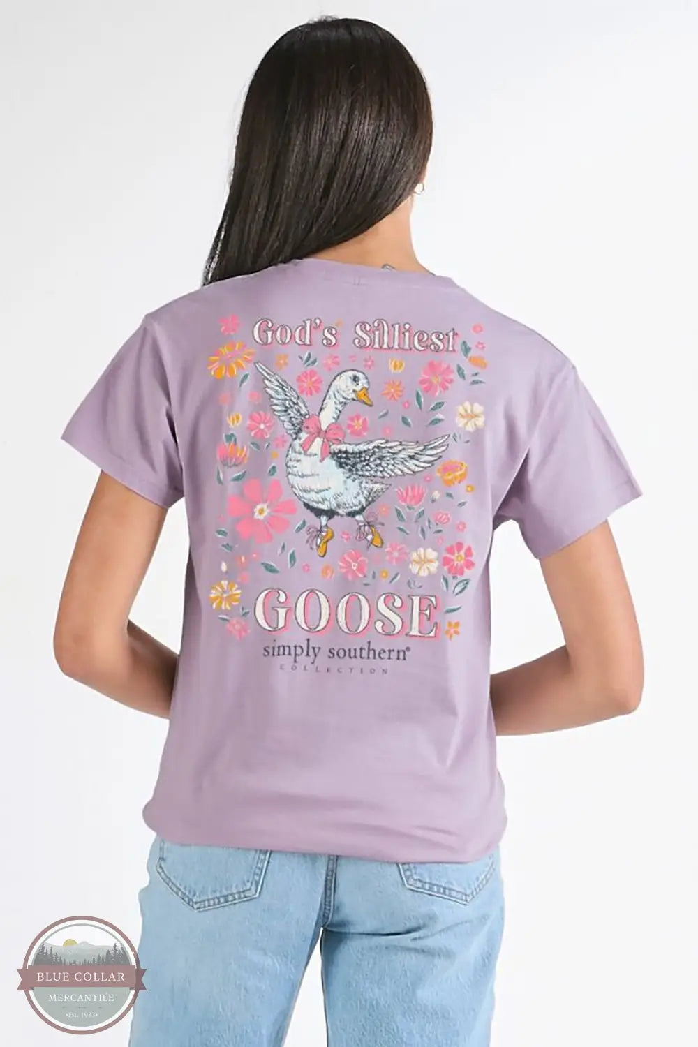 Simply Southern SS-GOOSE-WSTERIA God's Silliest Goose Short Sleeve T-Shirt in Purple, model