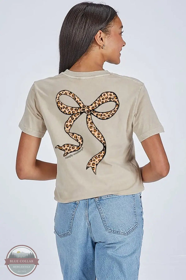 Simply Southern SS-LEOBOW-WSHECRU Leopard Bow Short Sleeve T-Shirt in Tan, model rear