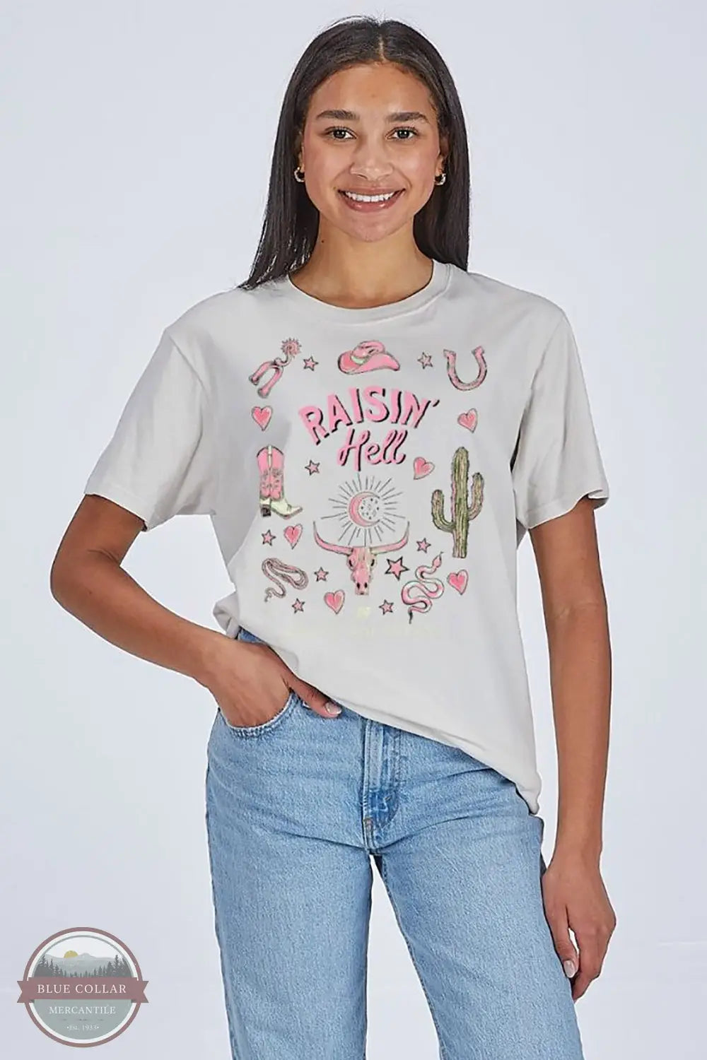 Simply Southern SS-RSN-WSHSHDW Raisin' Hell Short Sleeve T-Shirt in Light Gray, model
