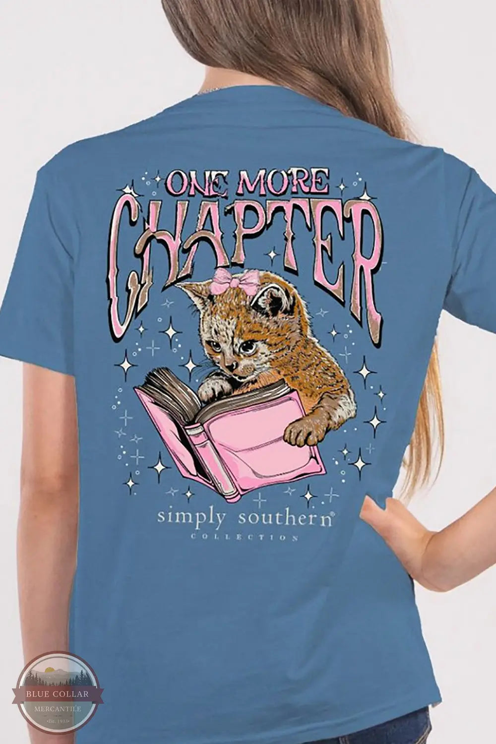 Simply Southern YTH-SS-CHAPTER-COMET One More Chapter Short Sleeve T-Shirt in Blue, model