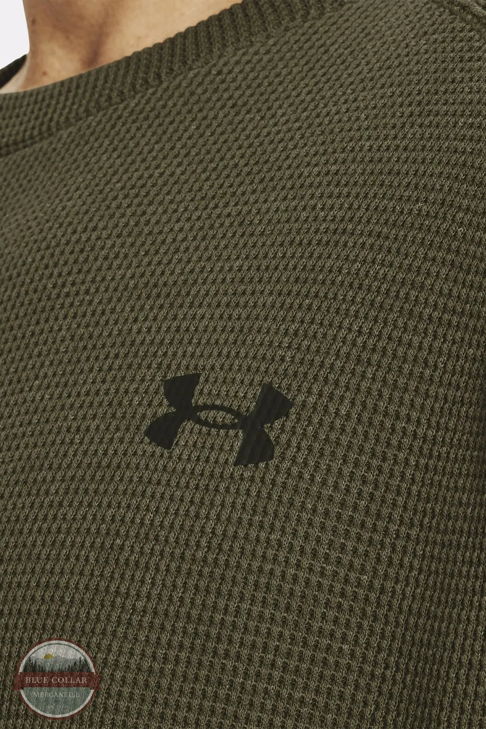 Under Armour 1373179-390 Men's UA Expanse Waffle Crew in Marine OD Green chest logo image