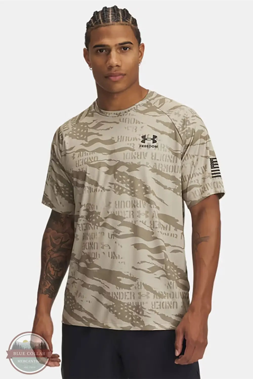 Under Armour 1382938-391 Men's UA Tech™ Freedom Camo Short Sleeve T-Shirt in tan, front view