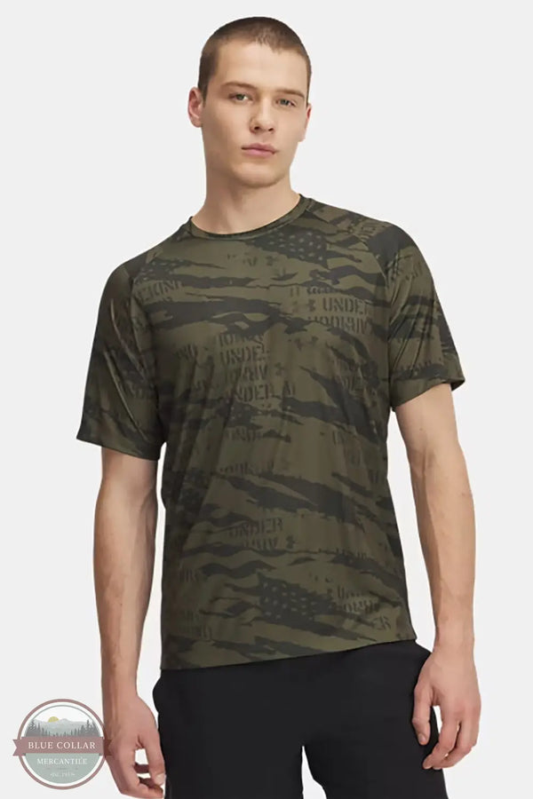 Under Armour 1382938-391 Men's UA Tech™ Freedom Camo Short Sleeve T-Shirt in green, front view