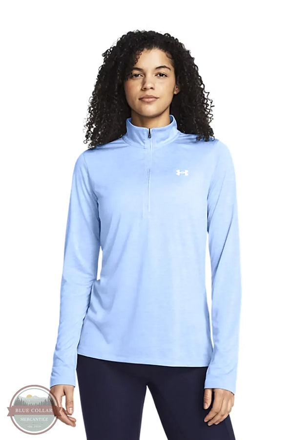 Under Armour 1384225-465 Long Sleeve UA Tech™ Twist Half Zip T-Shirt in Horizon Blue / White model front view