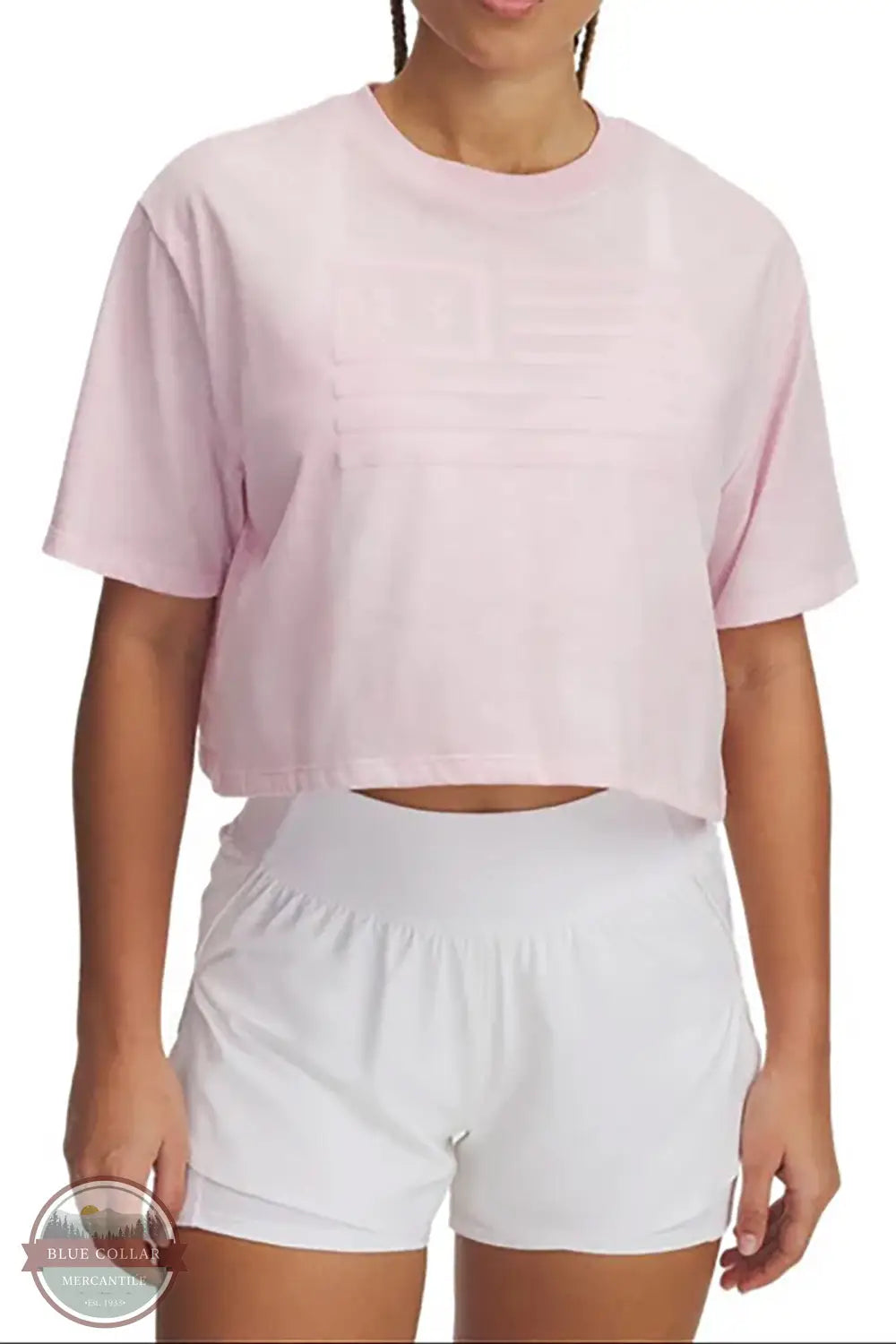 Under Armour 1389980 Freedom Crop Short Sleeve T-Shirt in pink, front