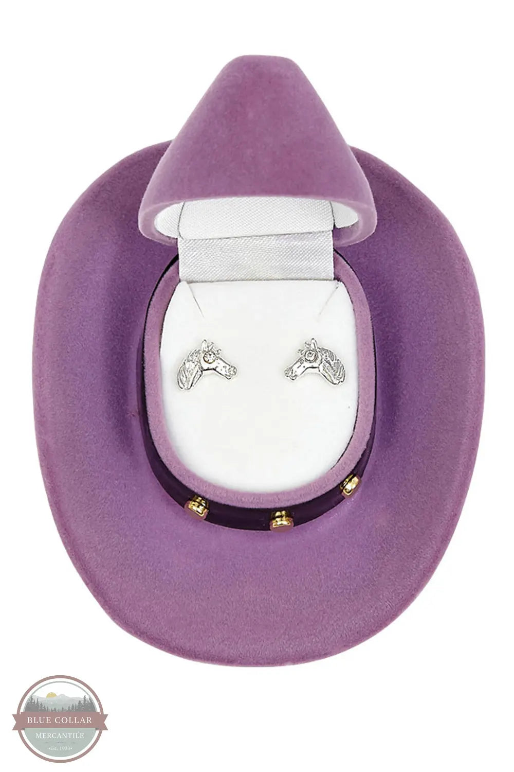 HE-103 Horse Head Earrings in Cowboy Hat Gift Box by Western Express opened box