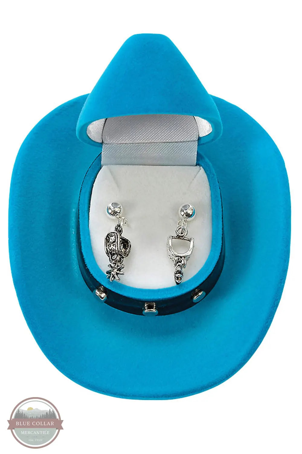 HE-142 Spur Earrings in Cowboy Hat Gift Box by Western Express opened gift box