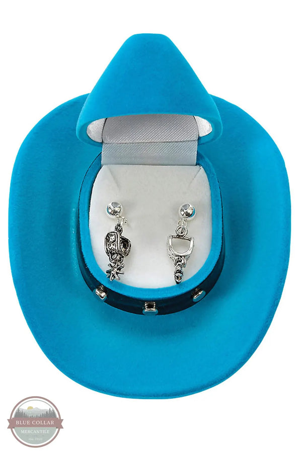 HE-142 Spur Earrings in Cowboy Hat Gift Box by Western Express opened gift box