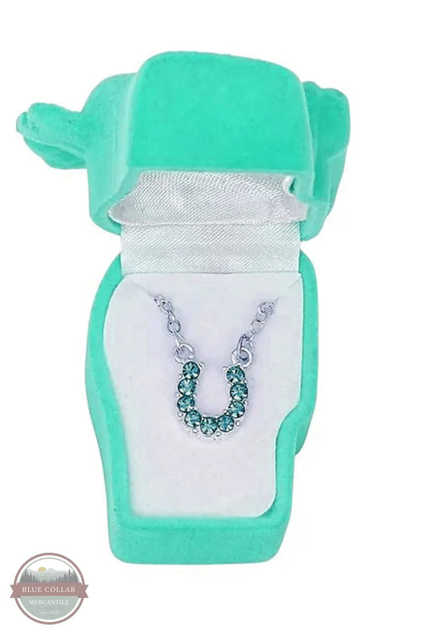 HN-10 Aqua Rhinestone Horseshoe Necklace in Pony Head Gift Box by Western Express opened gift box