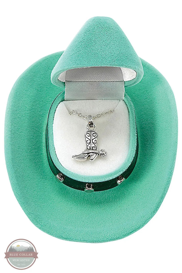 HN-1410 Cowboy Boot Necklace in Cowboy Hat Gift Box by Western Express opened