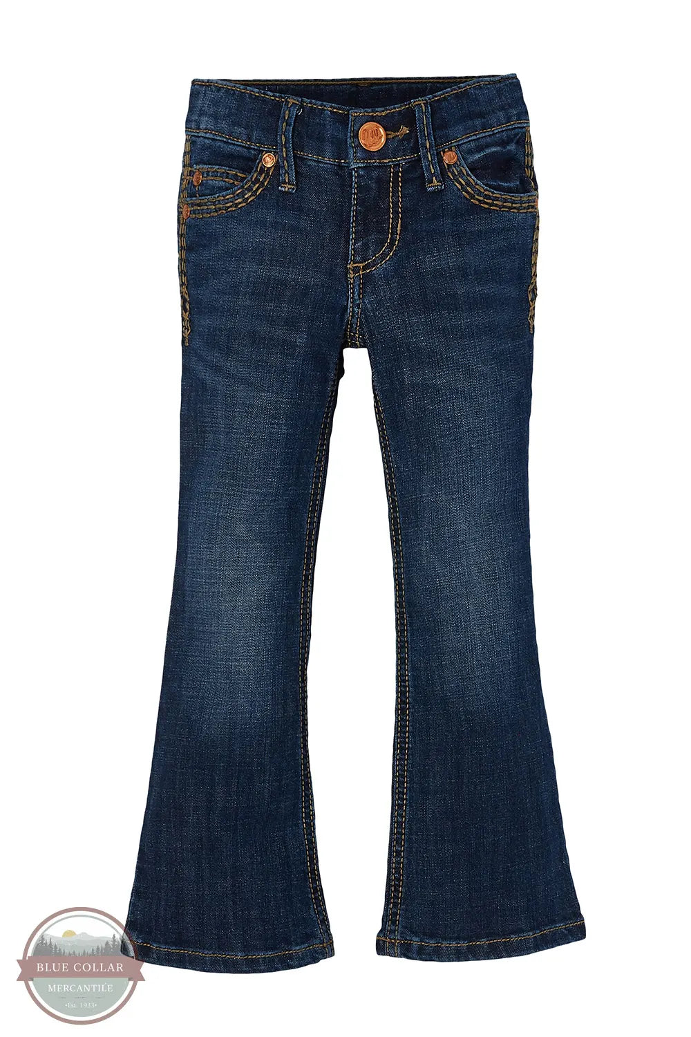 Pair of blue jeans on a white background front Wrangler 09MWGHS Girls Denver Retro Bootcut Jean