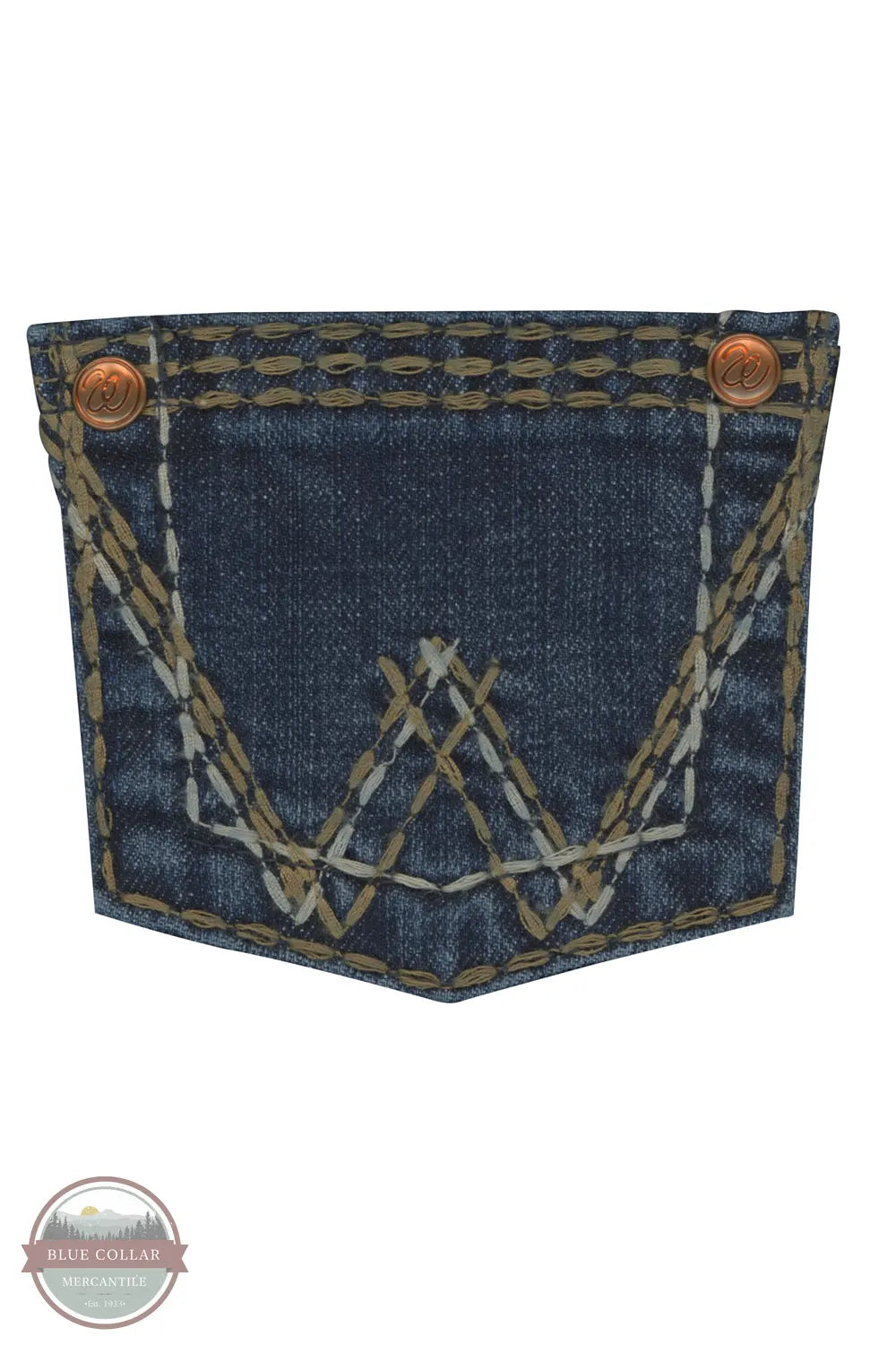 Denim pocket with decorative stitching and metal buttons on a white Wrangler 09MWGHS Girls Denver Retro Bootcut Jean background