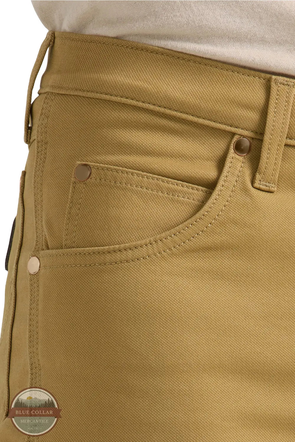 Wrangler 112361466 Cowboy Cut® Tough Comfort Premium Performance 47 Regular Fit Jean in Kelp Tan front pocket