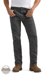 Person wearing dark gray jeans with a white background Wrangler 112361474 Premium Performance Tough Comfort Cowboy Cut Slim Fit Canvas Jean in Grey Pinstripe front view
