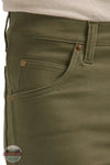 Wrangler 112361552 Cowboy Cut® Tough Comfort Premium Performance 47 Regular Fit Jean in Sea Turtle Green front pocket detail
