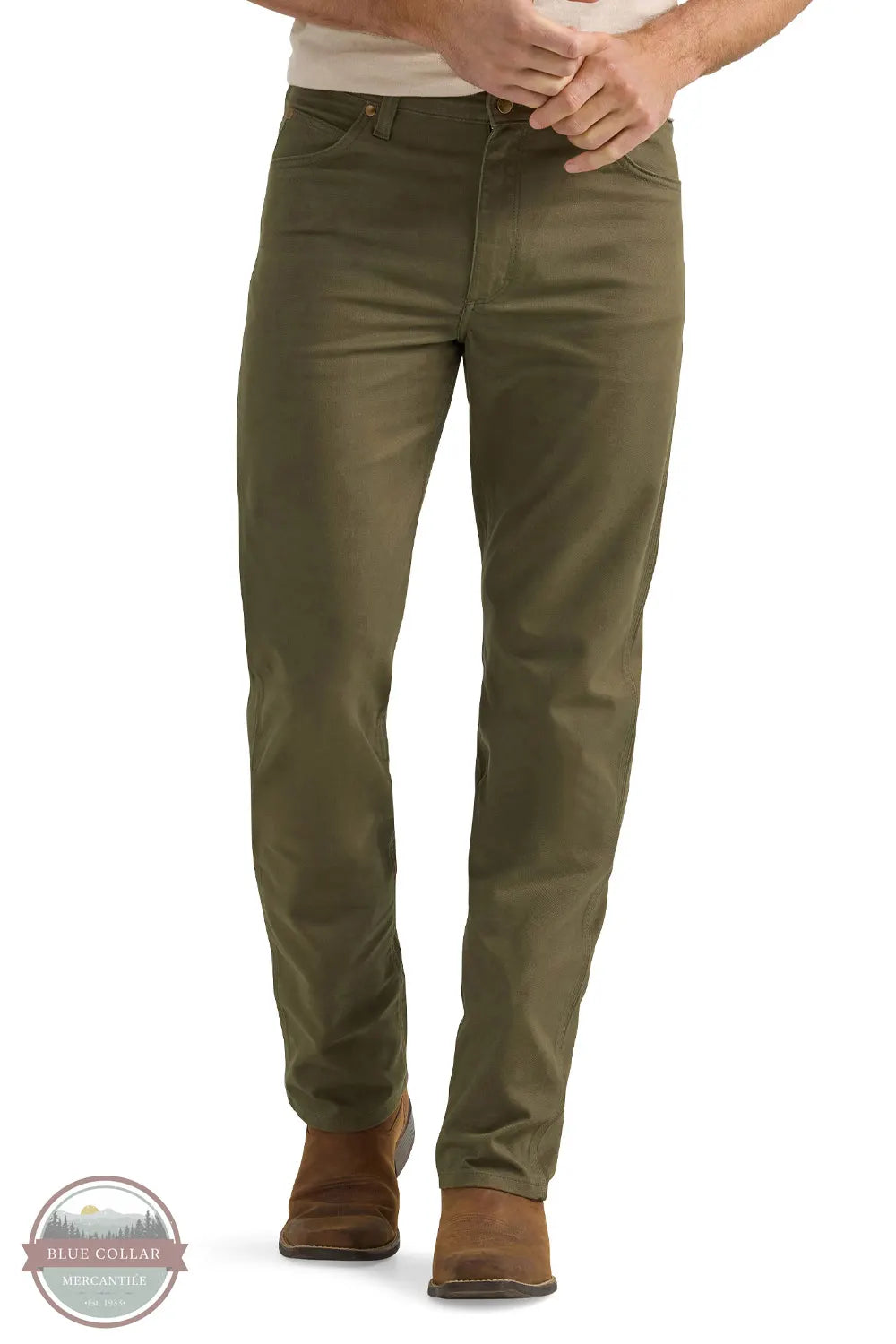 Wrangler 112361552 Cowboy Cut® Tough Comfort Premium Performance 47 Regular Fit Jean in Sea Turtle Green front view