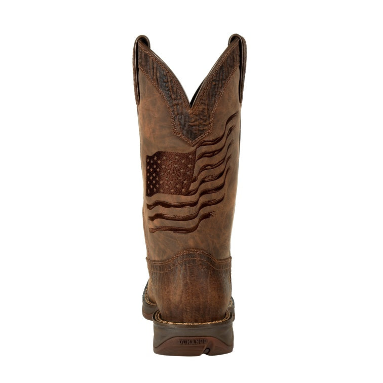 Durango DDB0314 Rebel™ Brown Distressed Falg Embroidery Western Boot back heel view
