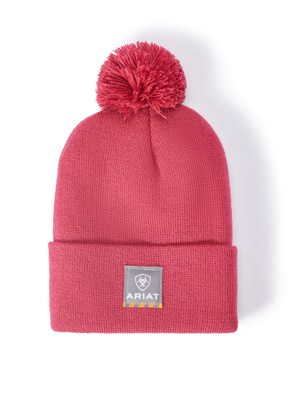 Ariat 10041432 Ladies Rebar Pom Beanie in Crab Apple Front View