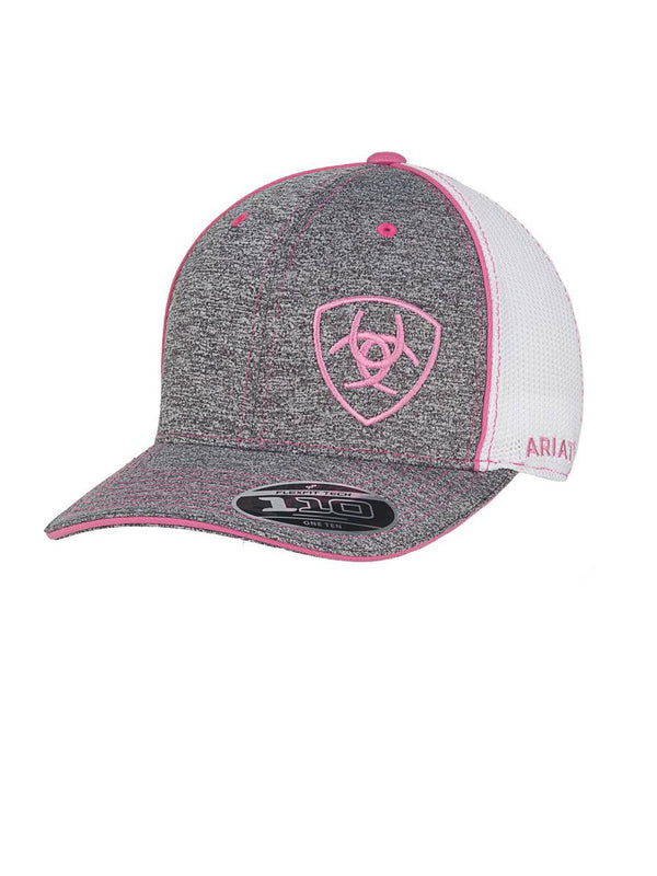 Ariat 1504930 Flexfit 110 Technology Cap in Grey with Pink Logo Front View