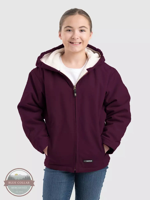 Berne BHJ41 Girl's Youth Sherpa-Lined Softstone Duck Hooded Jacket Plum Front View
