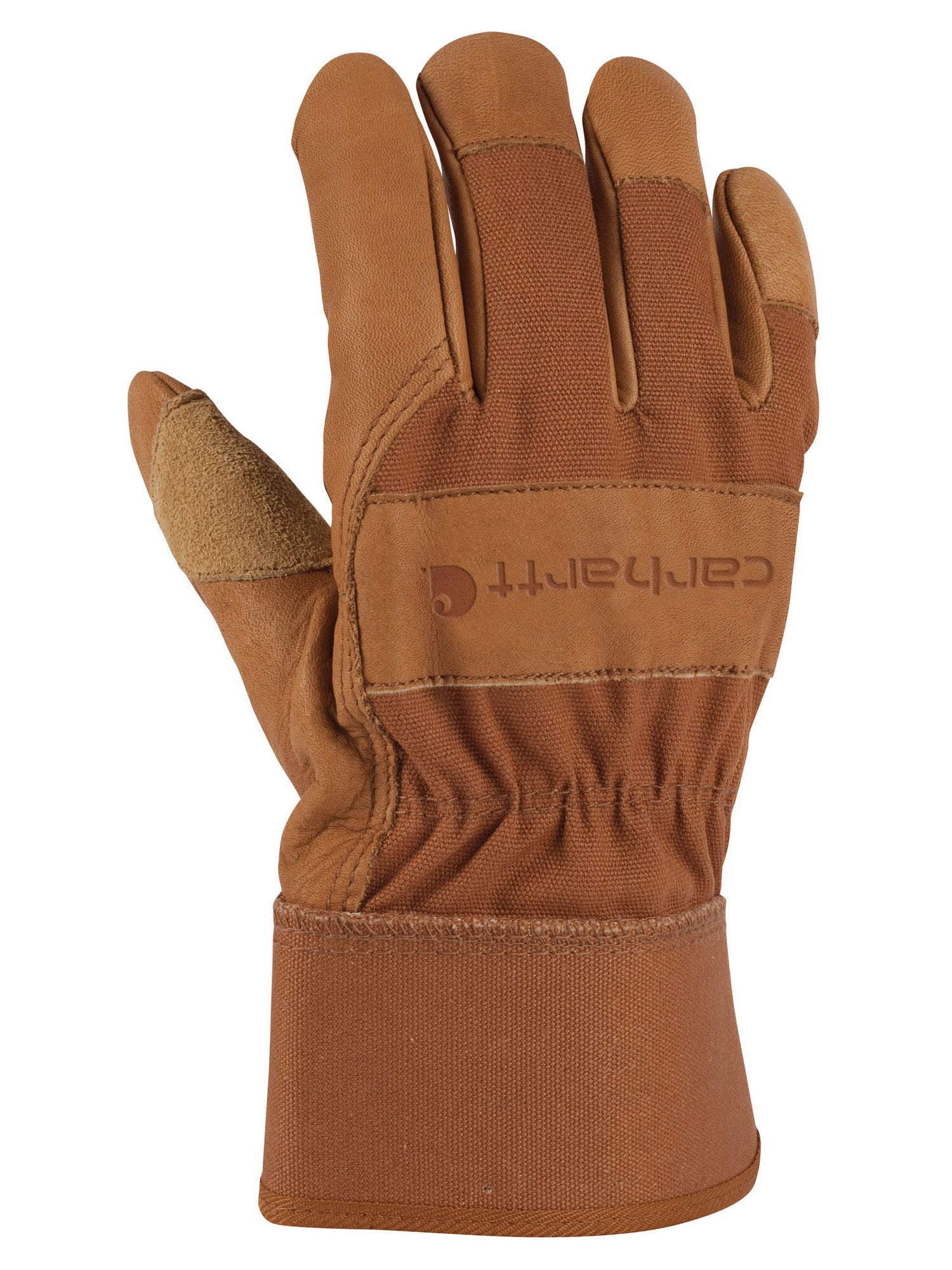 Carhartt A518/GW0518-M BRN Men's Duck/Synthetic Leather Safety Cuff Gloves Front View