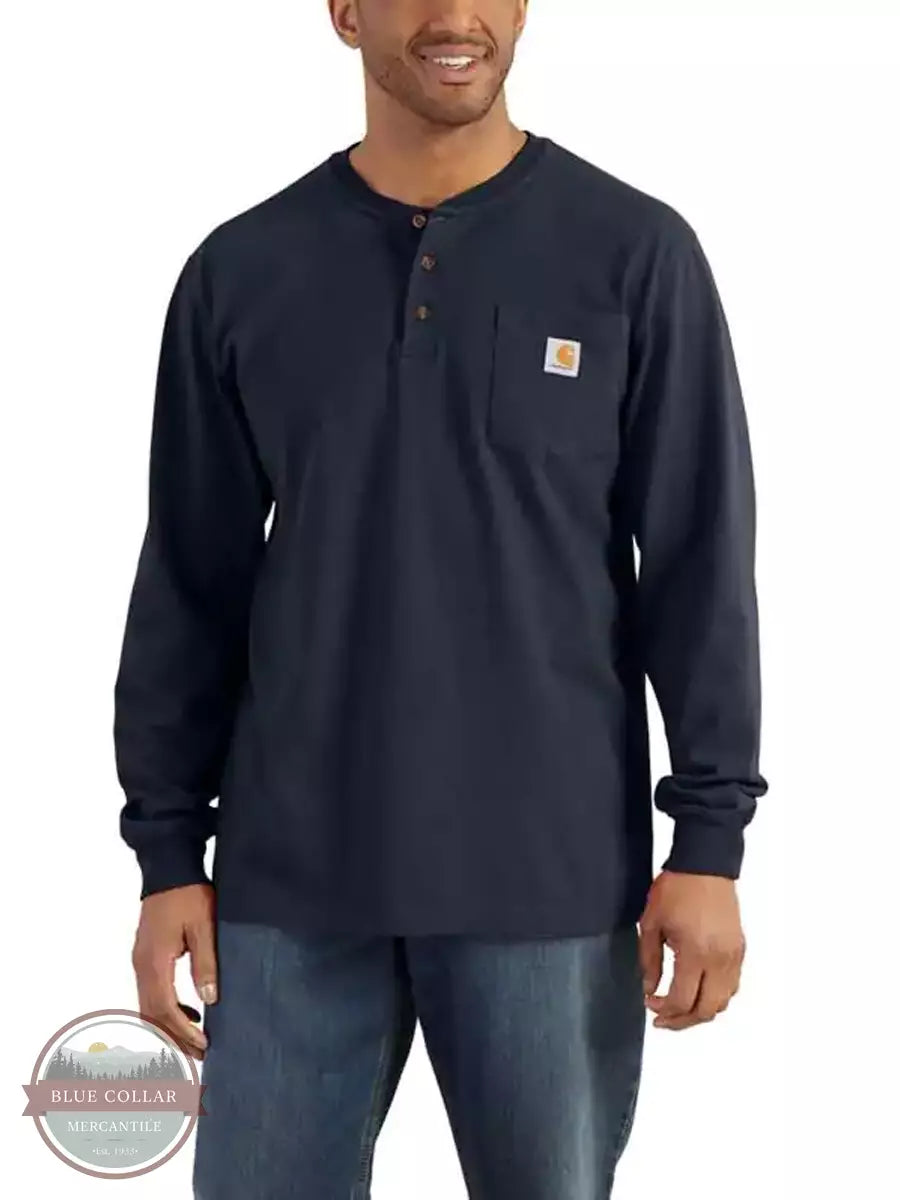Carhartt K128 Loose Fit Heavyweight Long Sleeve Pocket Henley T-Shirt Navy Front View