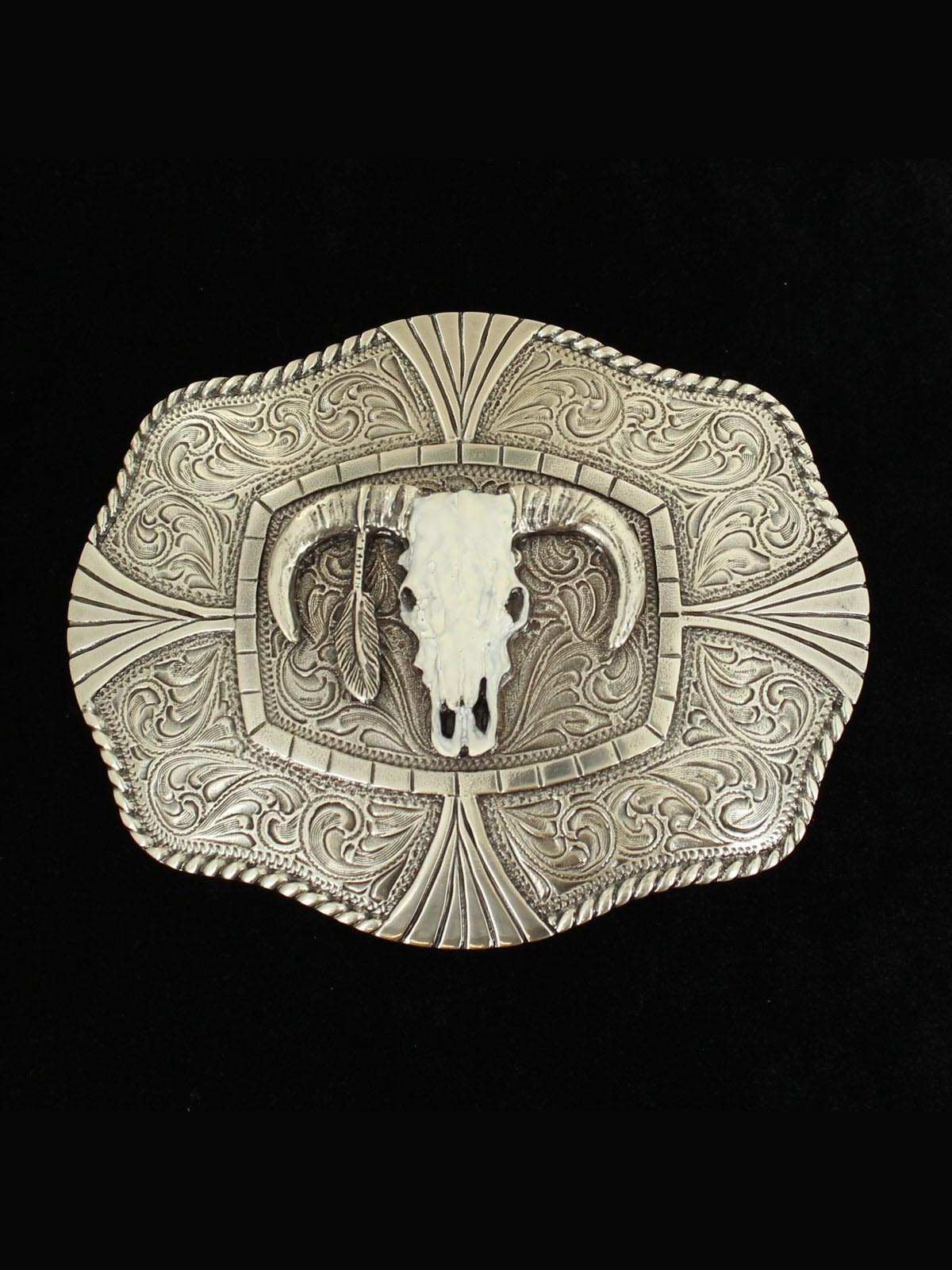 M & F 37403 Nocona Rectangle Rope Edge Skull Buckle in Silver Front View