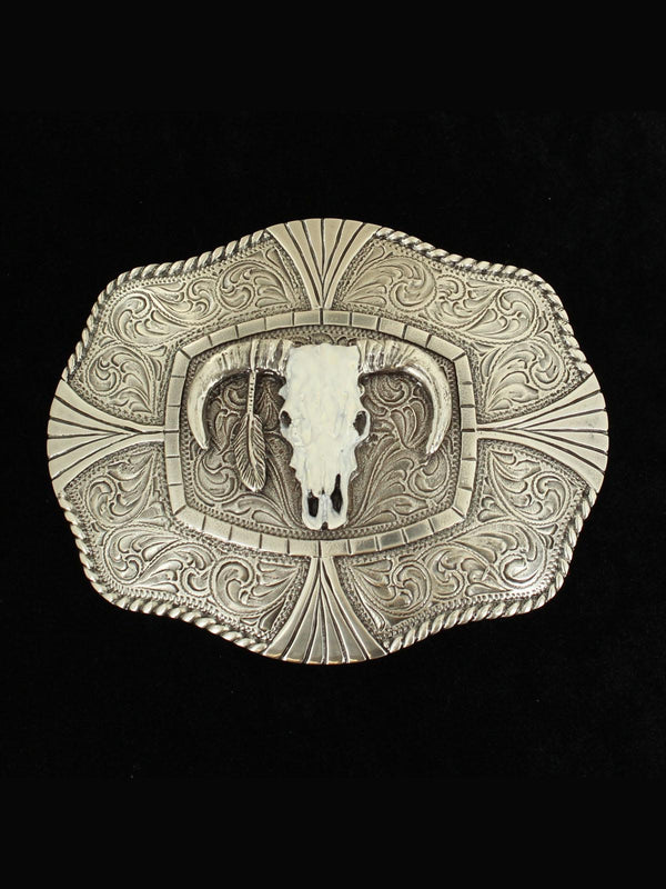 M & F 37403 Nocona Rectangle Rope Edge Skull Buckle in Silver Front View