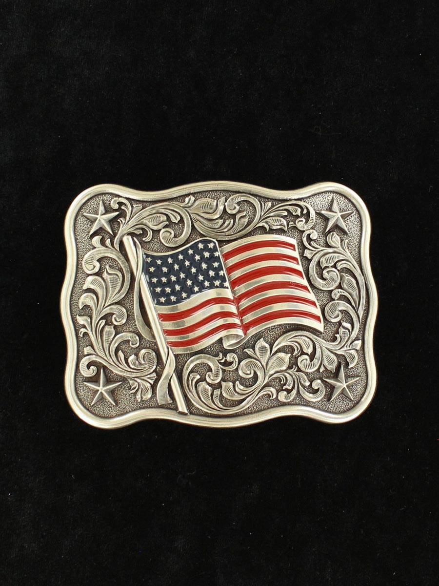 M & F 37702 Nocona Rectangle Buckle with USA Flag and Scroll in Silver Front View