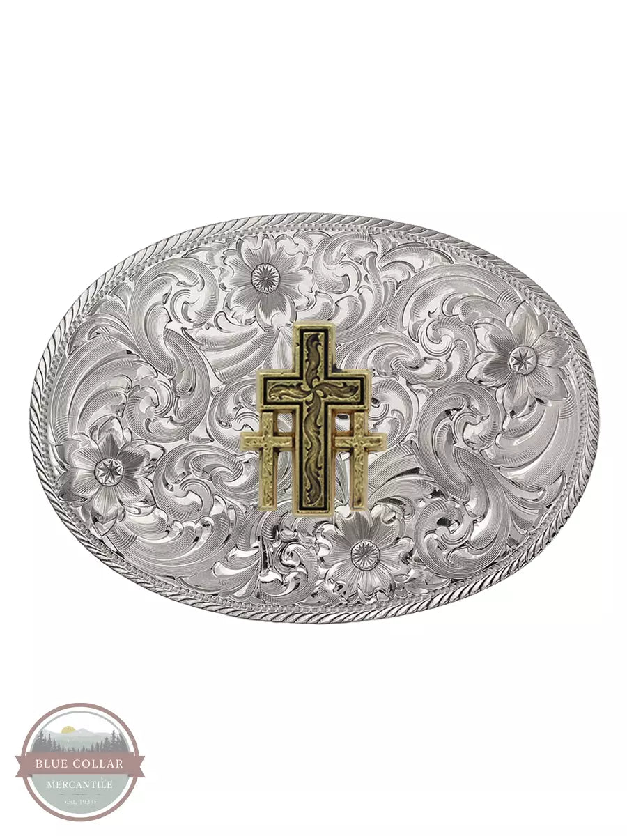 Montana Silversmiths G1840-855 Classic Cowboy Belt Buckle with Triple Crosses Front View