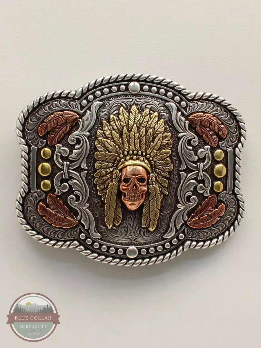 M & F 37600 Rectangle Rope Edge Feather Skull Chief Buckle Front View