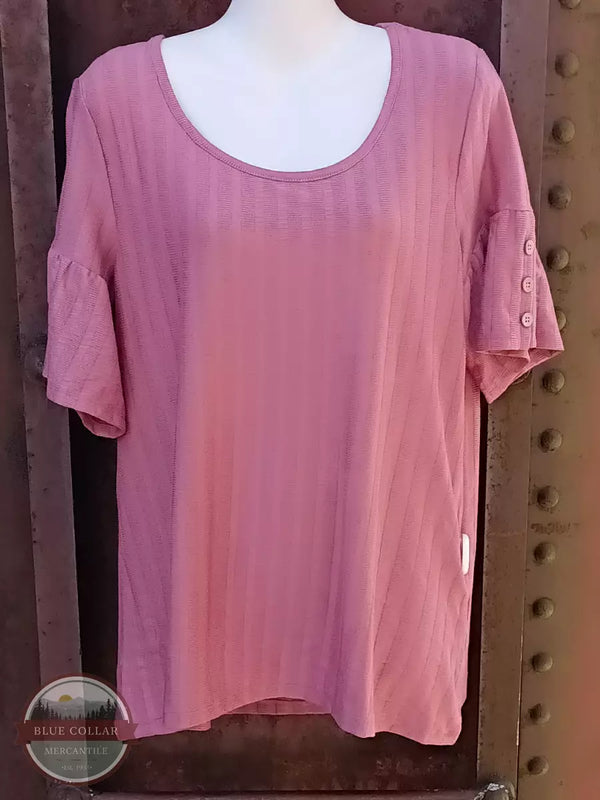 North River NRL1342 Jacquard Knit Crew Neck Top with Buttons on Flutter Sleeve Withered Rose Front View