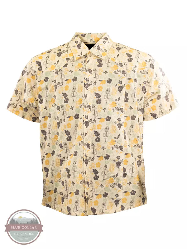 Outback Trading Co. 34048-TAN Eric Hawaiian Short Sleeve Shirt in a Tan, Yellow, and Brown Tropical Print Front View