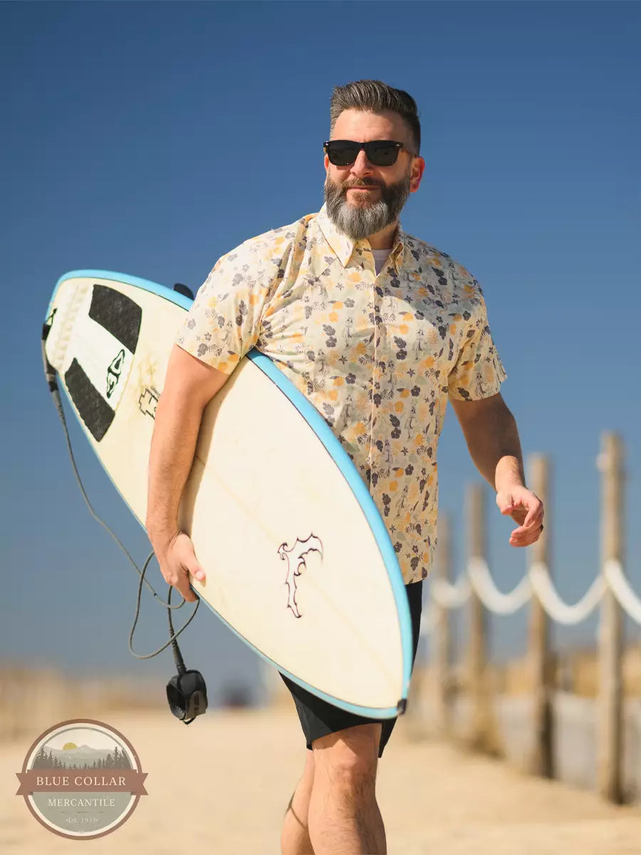 Outback Trading Co. 34048-TAN Eric Hawaiian Short Sleeve Shirt in a Tan, Yellow, and Brown Tropical Print Life View