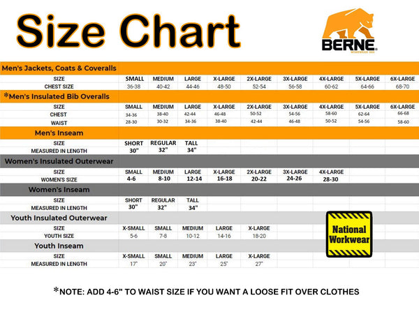 Berne WB515 Women's Softstone Duck Insulated Bib Overall size chart