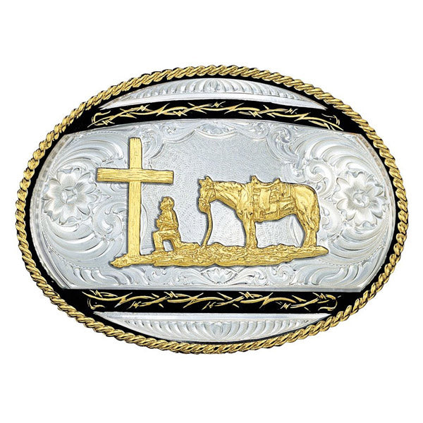 Montana Silversmiths 6135-731-BK Barbed Wire Stripe Cowboy Kneeling at Cross Belt Buckle