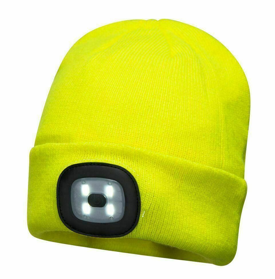 Portwest B029 USB Rechargeable LED Head Light Beanie hi vis yellow