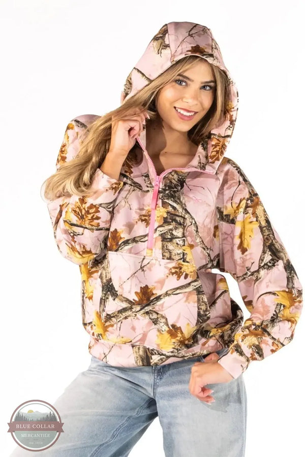 Simply Southern 0226-HD-ALARA-PKCAMO Pink Camo Half Zip Long Sleeve Hoodies shown on model