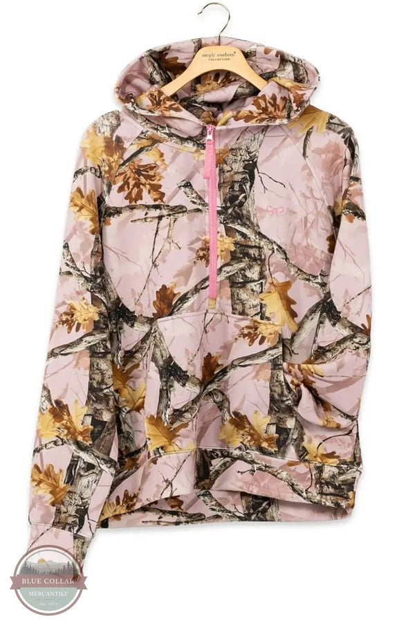 Simply Southern 0226-HD-ALARA-PKCAMO Pink Camo Half Zip Long Sleeve Hoodie shown on hanger