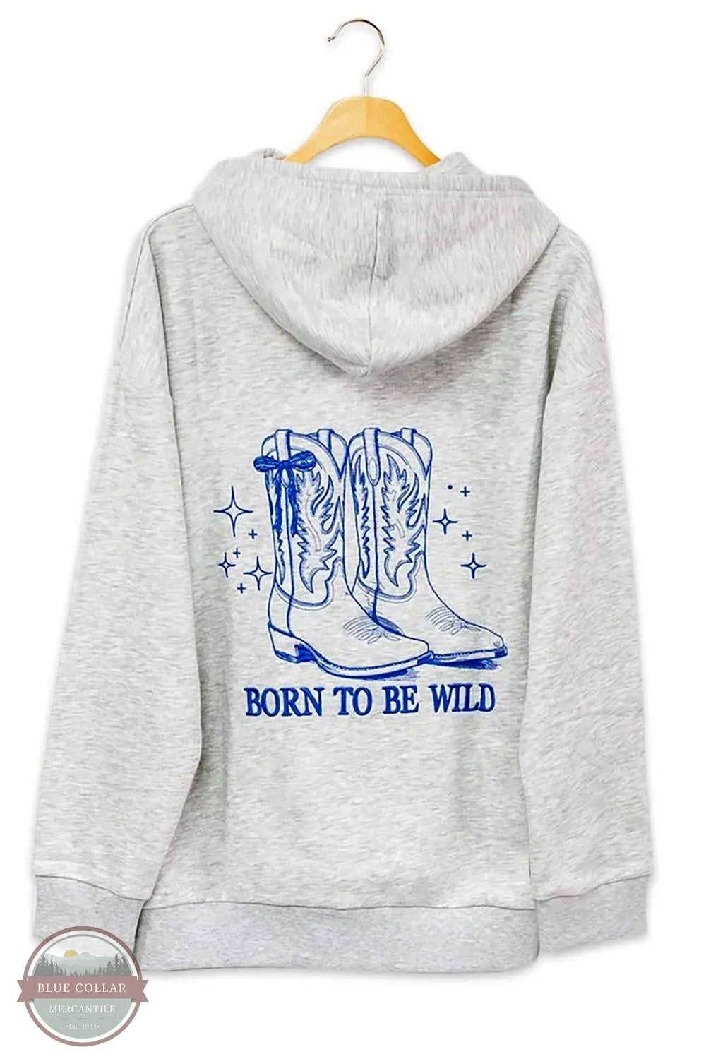 Simply Southern 0226-HD-ALICE-LTGRM Born To Be Wild Hoodie imprint shown on back on hanger