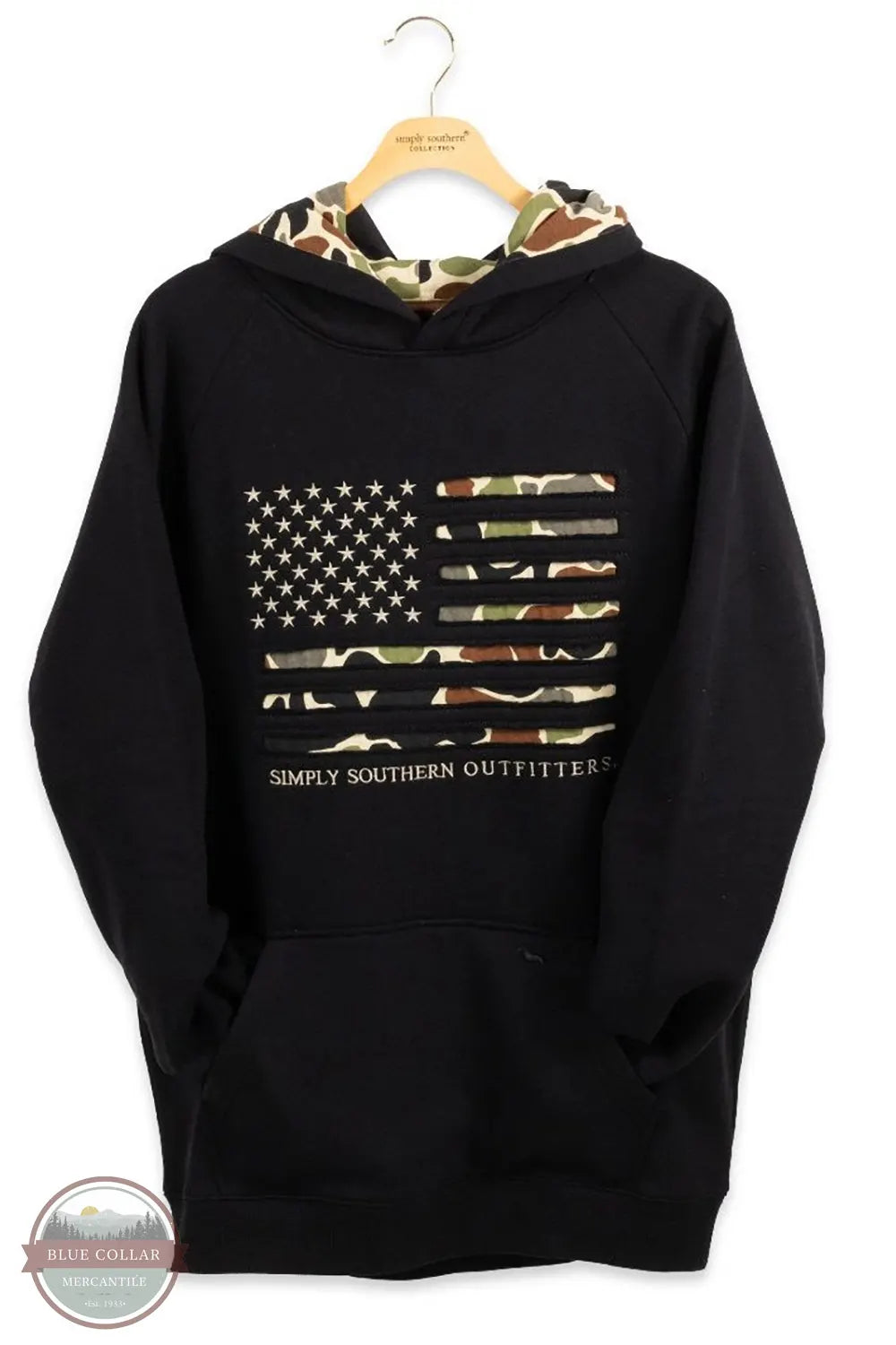 Simply Southern 0226-MN-HD-OTDR-BLACK Camo Flag Hoodie in Black shown on hanger