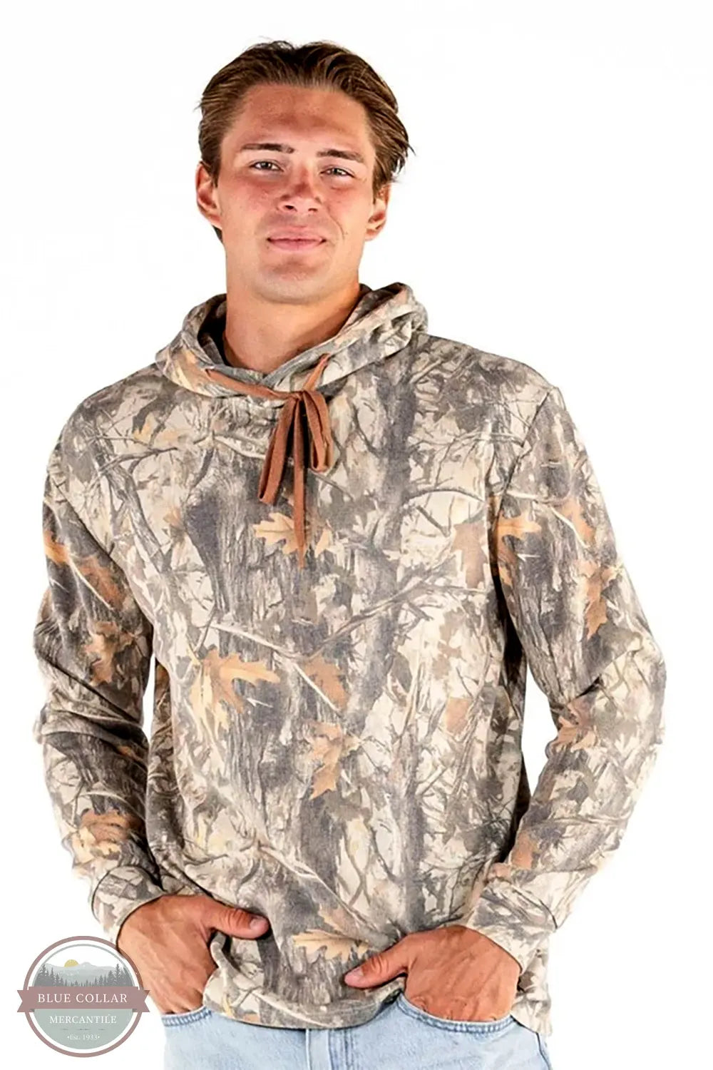 Simply Southern 0226-MN-HD-THRML-CAMO Camo Thermal Hoodie shown on model